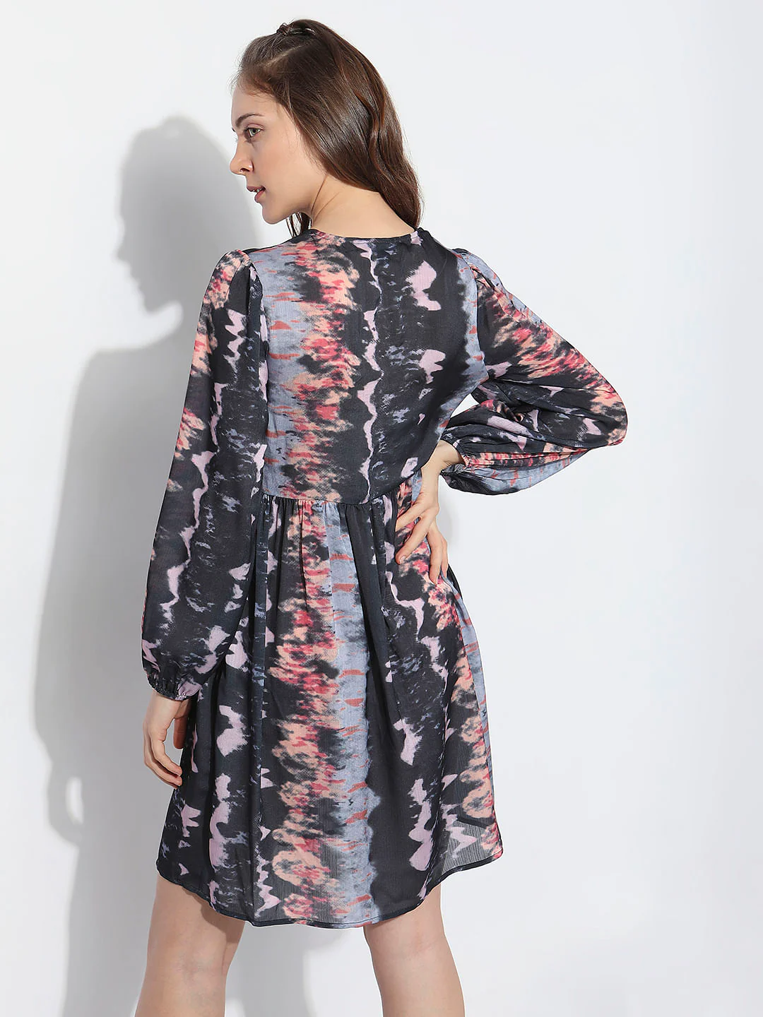 Black Printed Ruched Mini Dress - Image 4