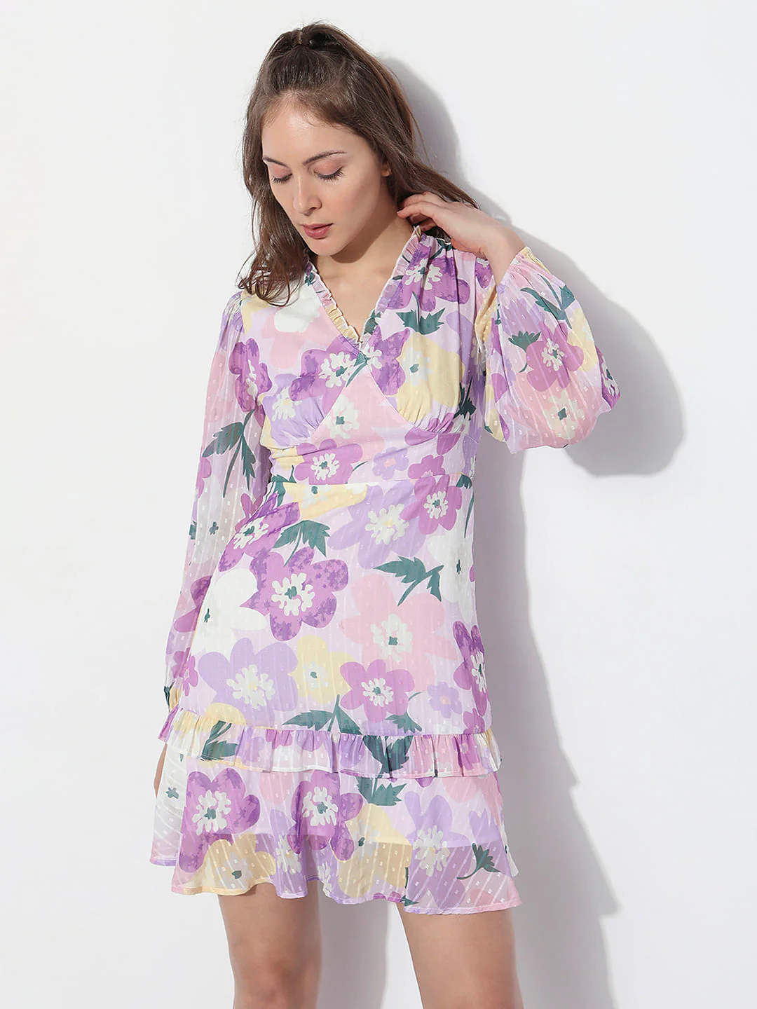Purple Floral Print Mini Dress - Image 2