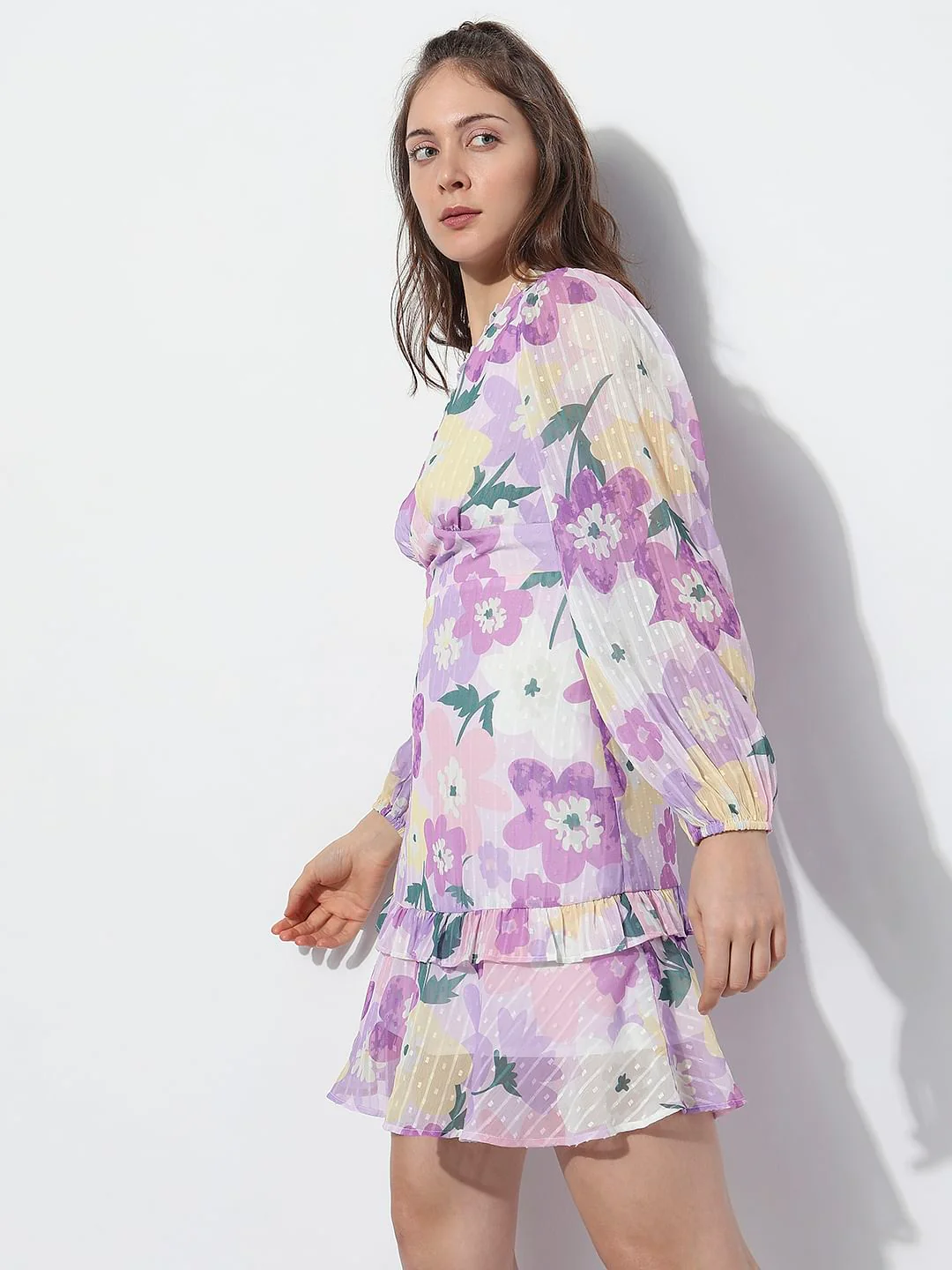 Purple Floral Print Mini Dress - Image 3