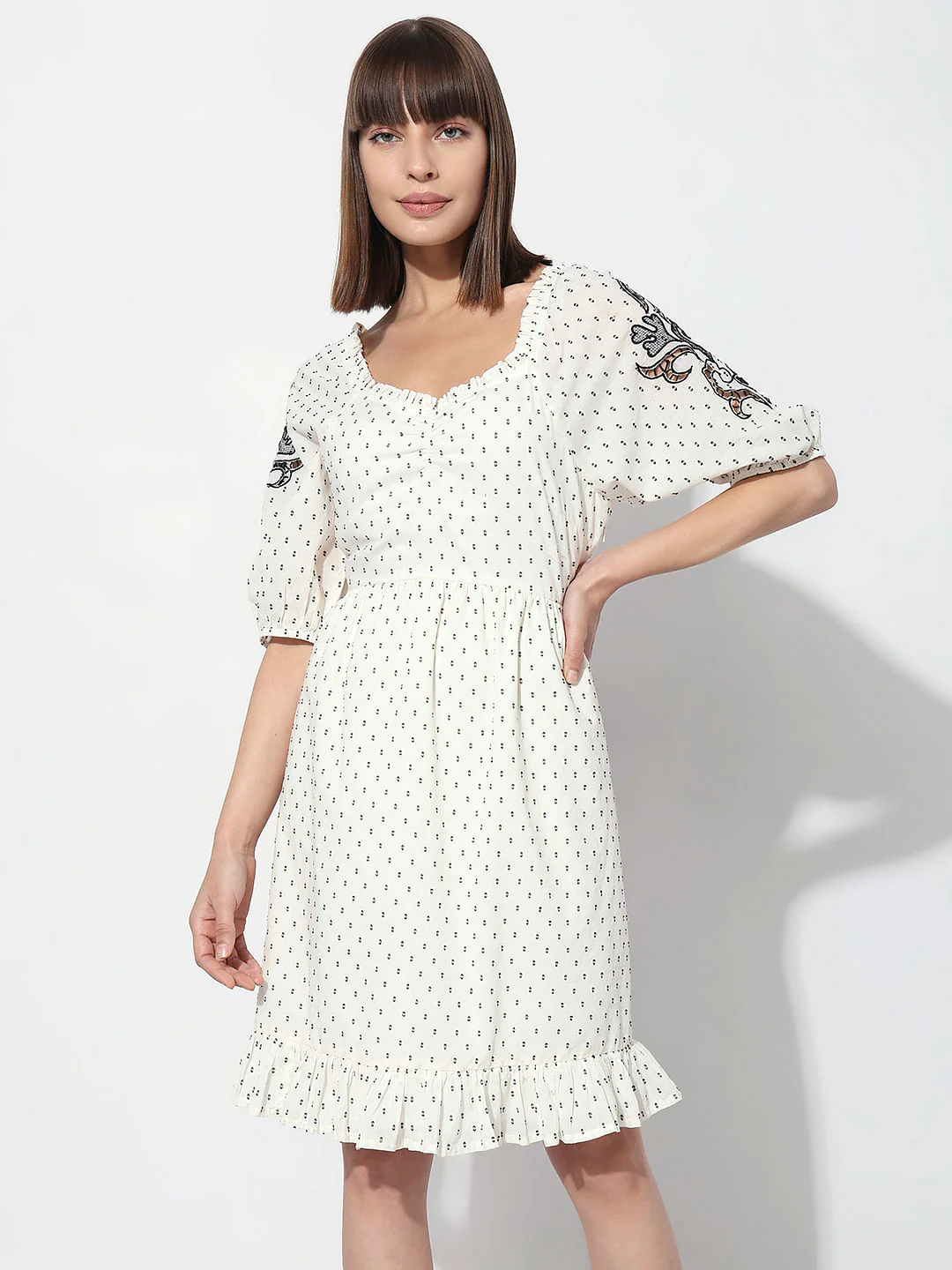 White Textured Embroidered Dress - Image 2