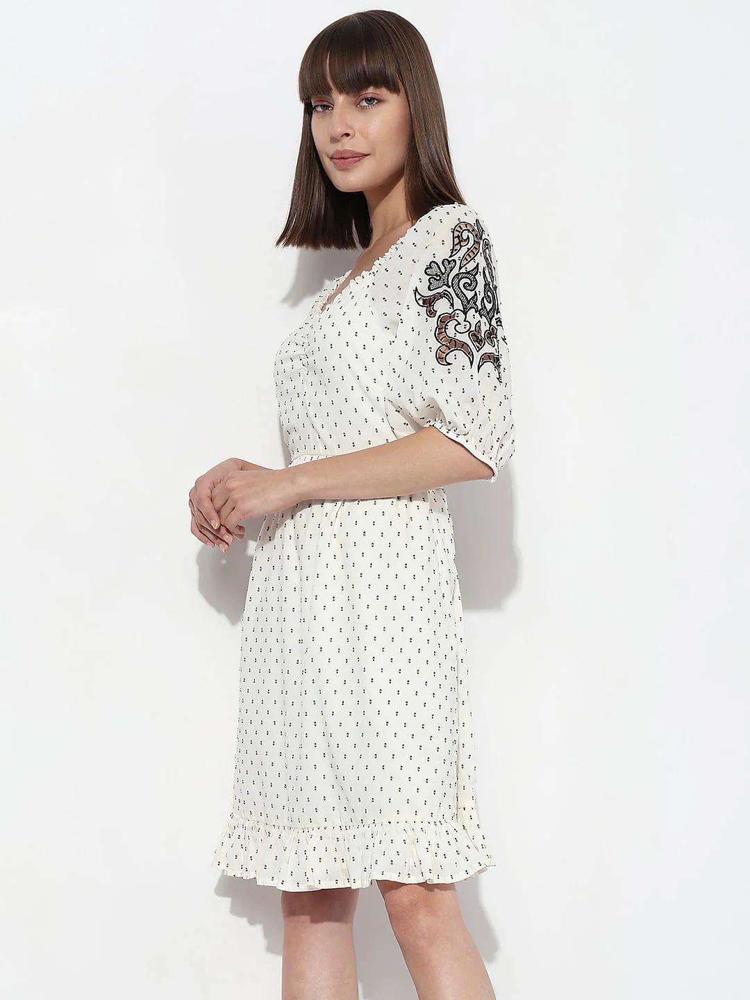 White Textured Embroidered Dress - Image 3