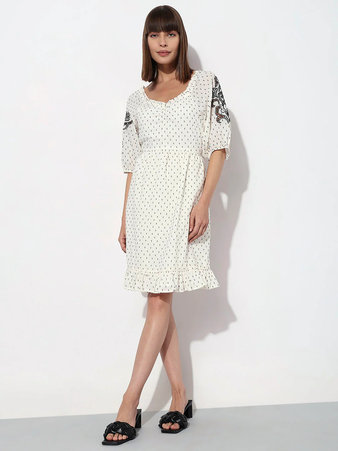 White Textured Embroidered Dress - Image 5