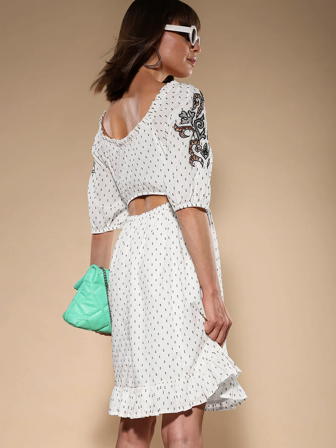 White Textured Embroidered Dress - Image 9