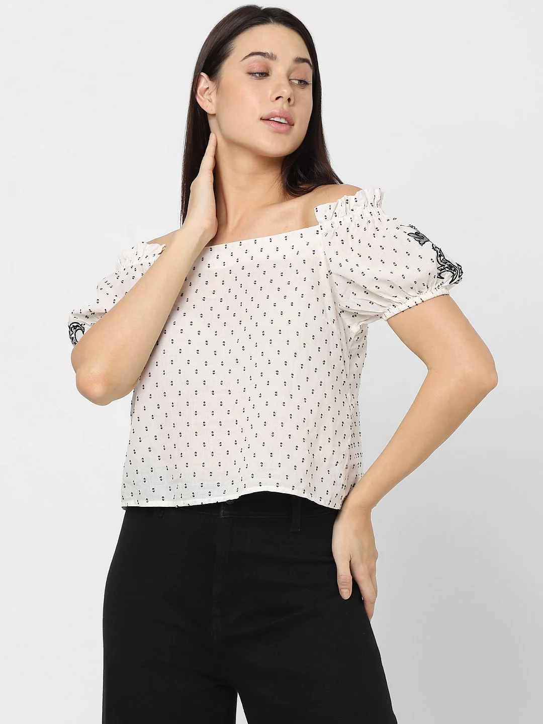 White Embroidered Off-Shoulder Top - Image 2