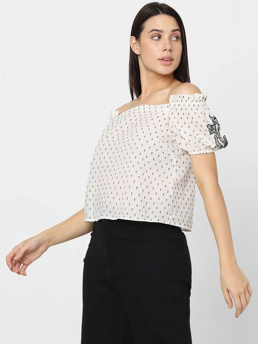 White Embroidered Off-Shoulder Top - Image 3
