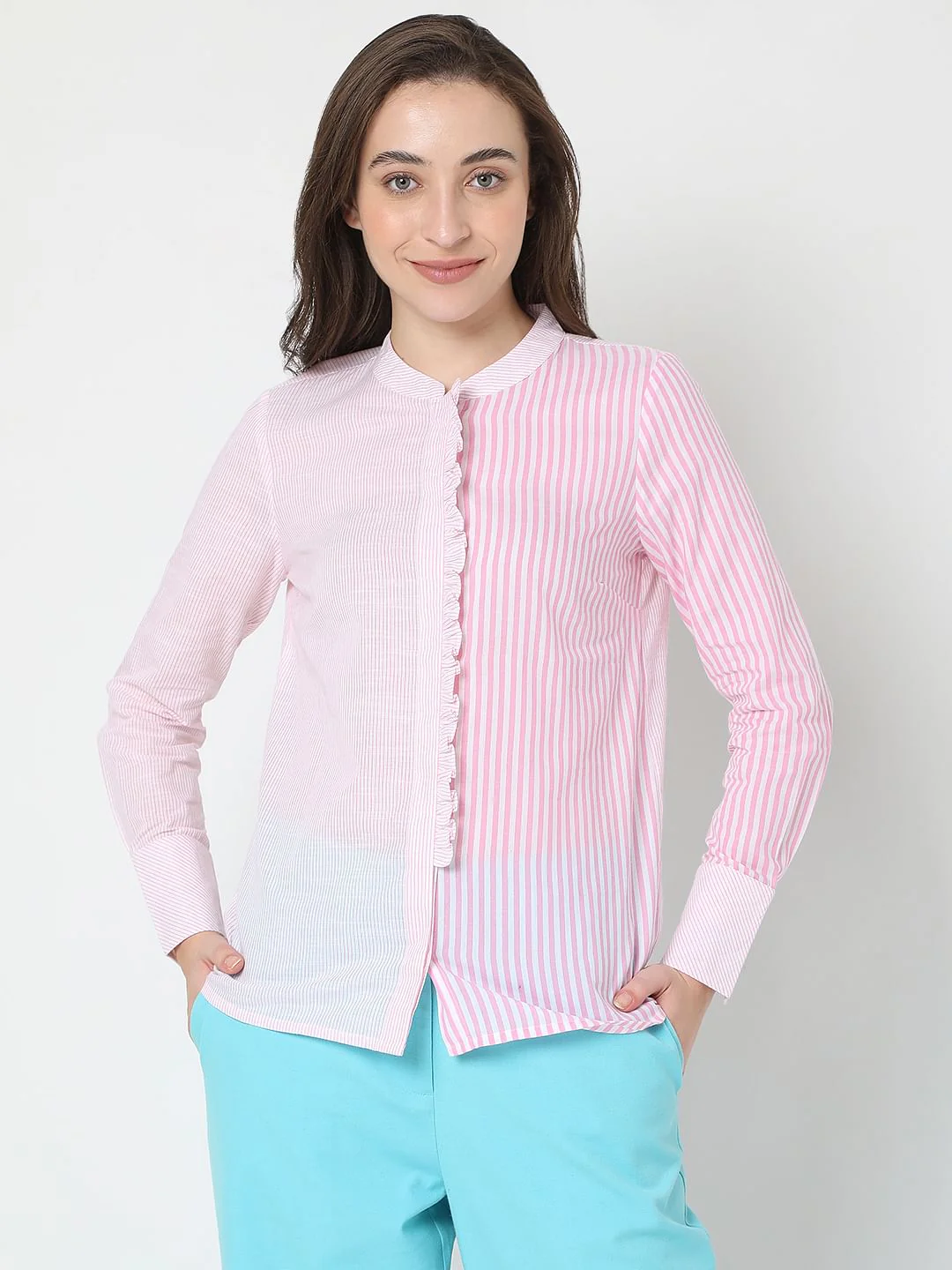 Pink Striped Mandarin Collar Shirt - Image 2