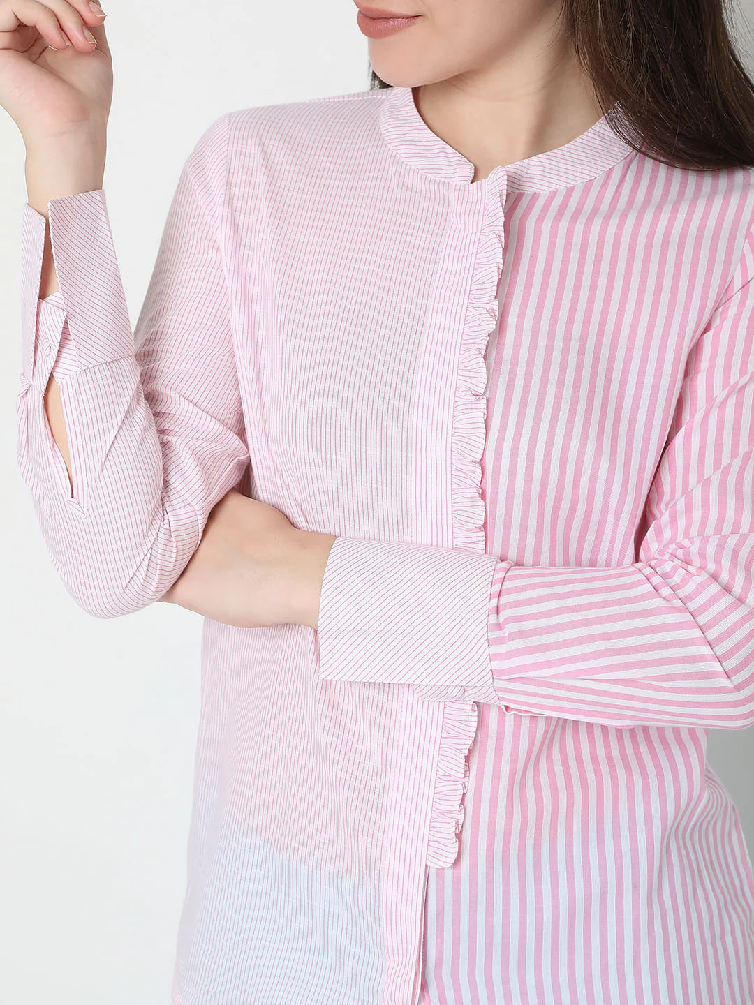 Pink Striped Mandarin Collar Shirt - Image 6