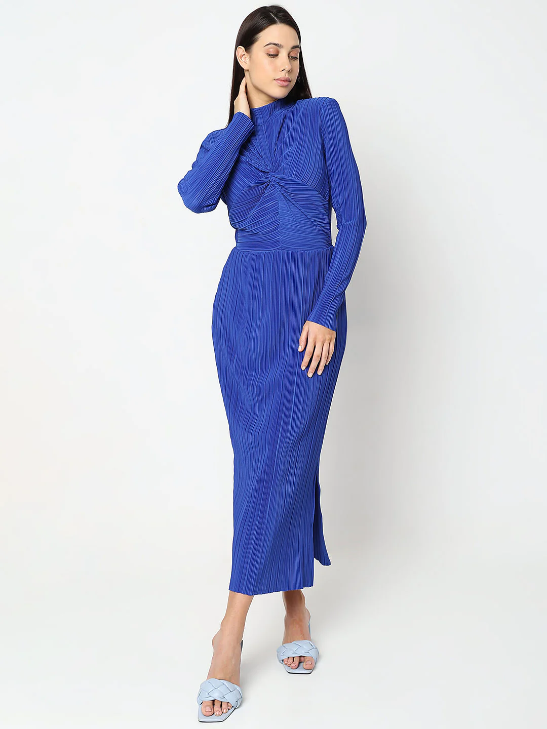 Blue Plisse High Neck Midi Dress - Image 2