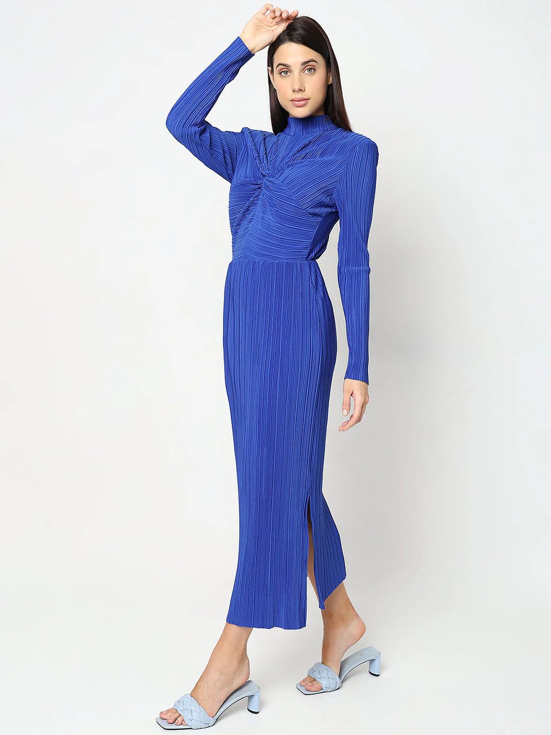 Blue Plisse High Neck Midi Dress - Image 3