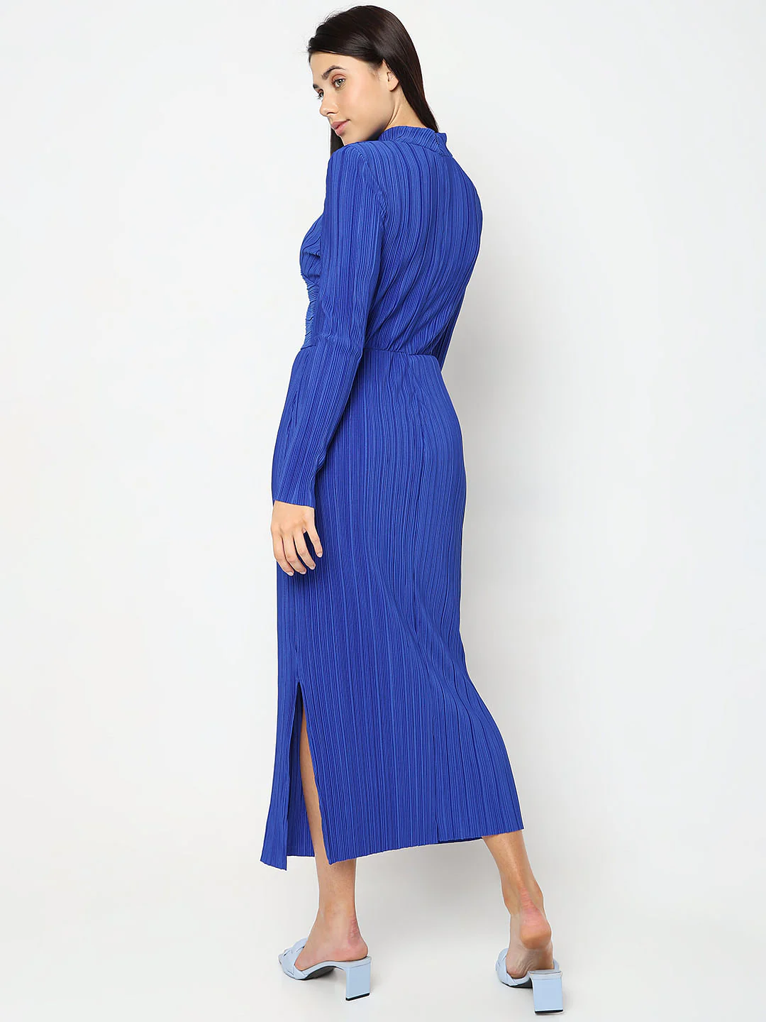 Blue Plisse High Neck Midi Dress - Image 4