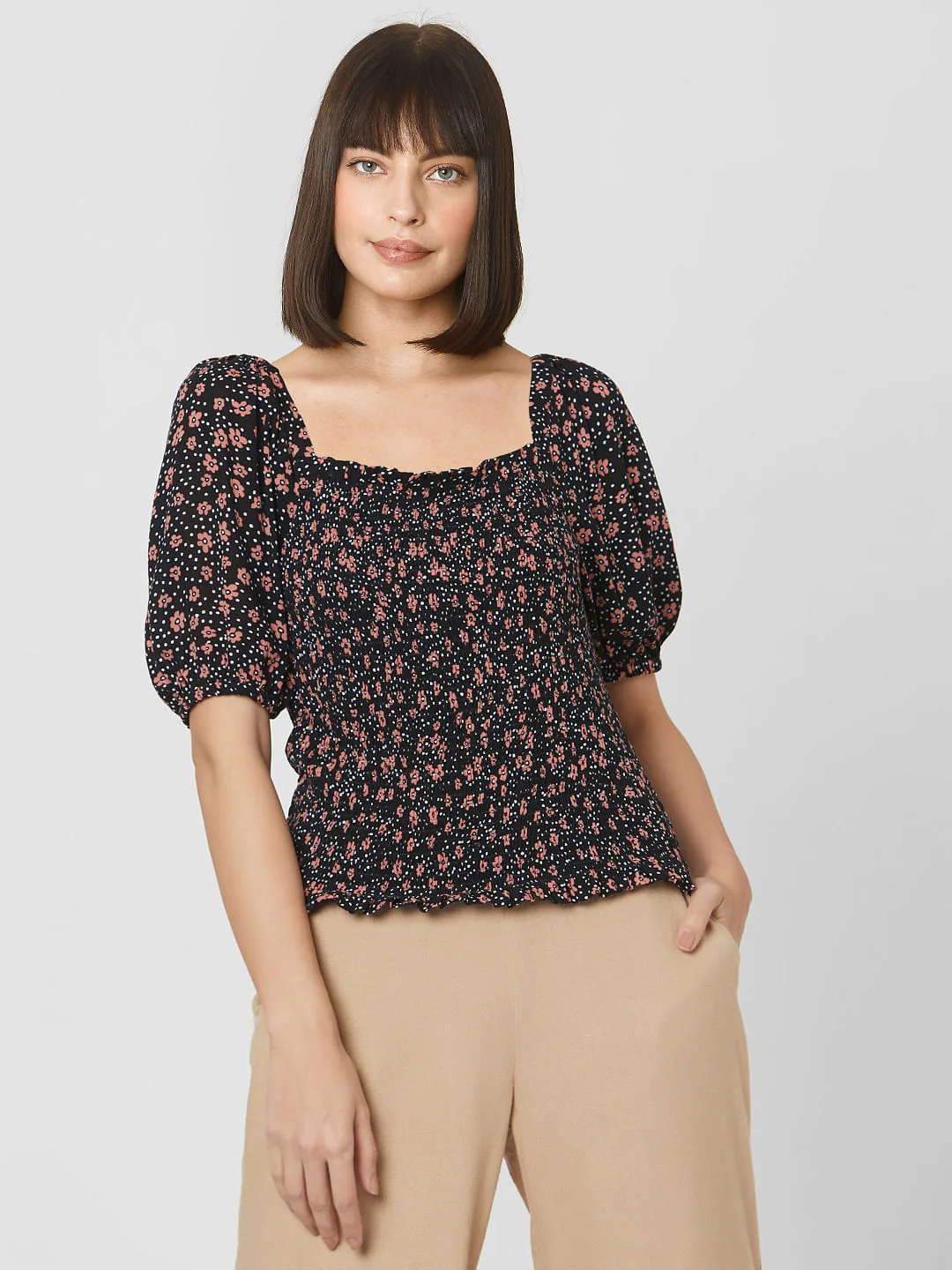 Black All Over Floral Print Smock Top - Image 2