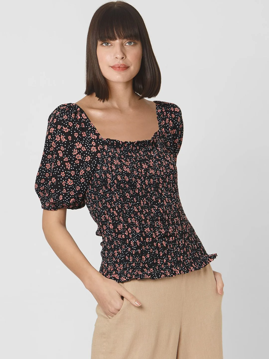 Black All Over Floral Print Smock Top - Image 3
