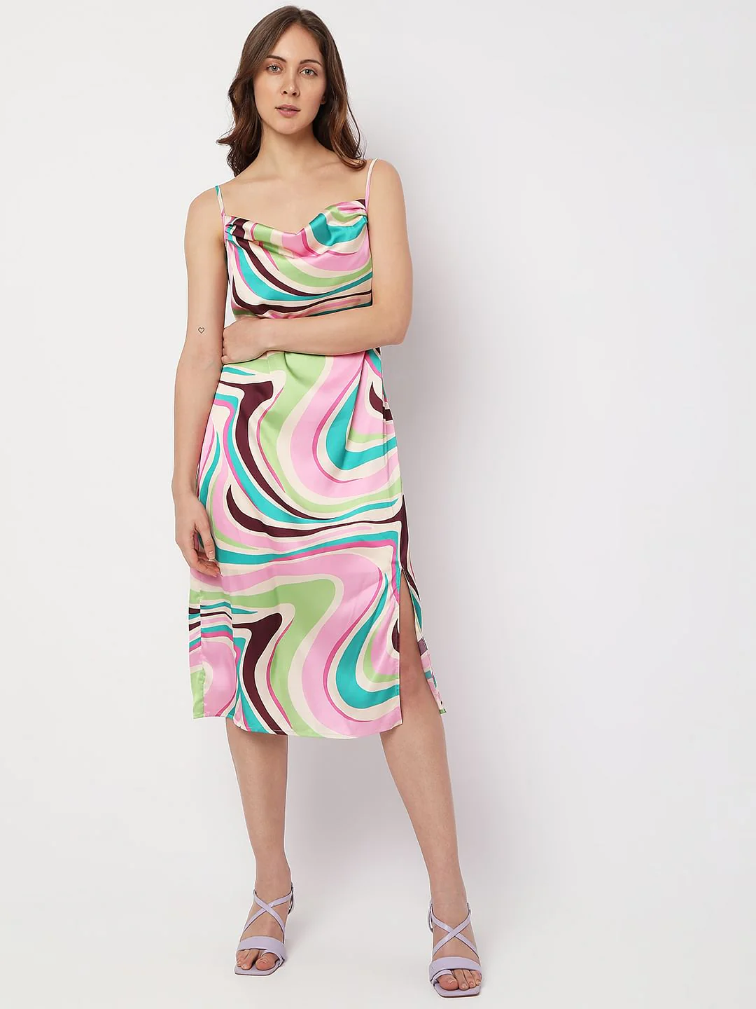 Beige Colourblocked Swirl Print Dress - Image 2