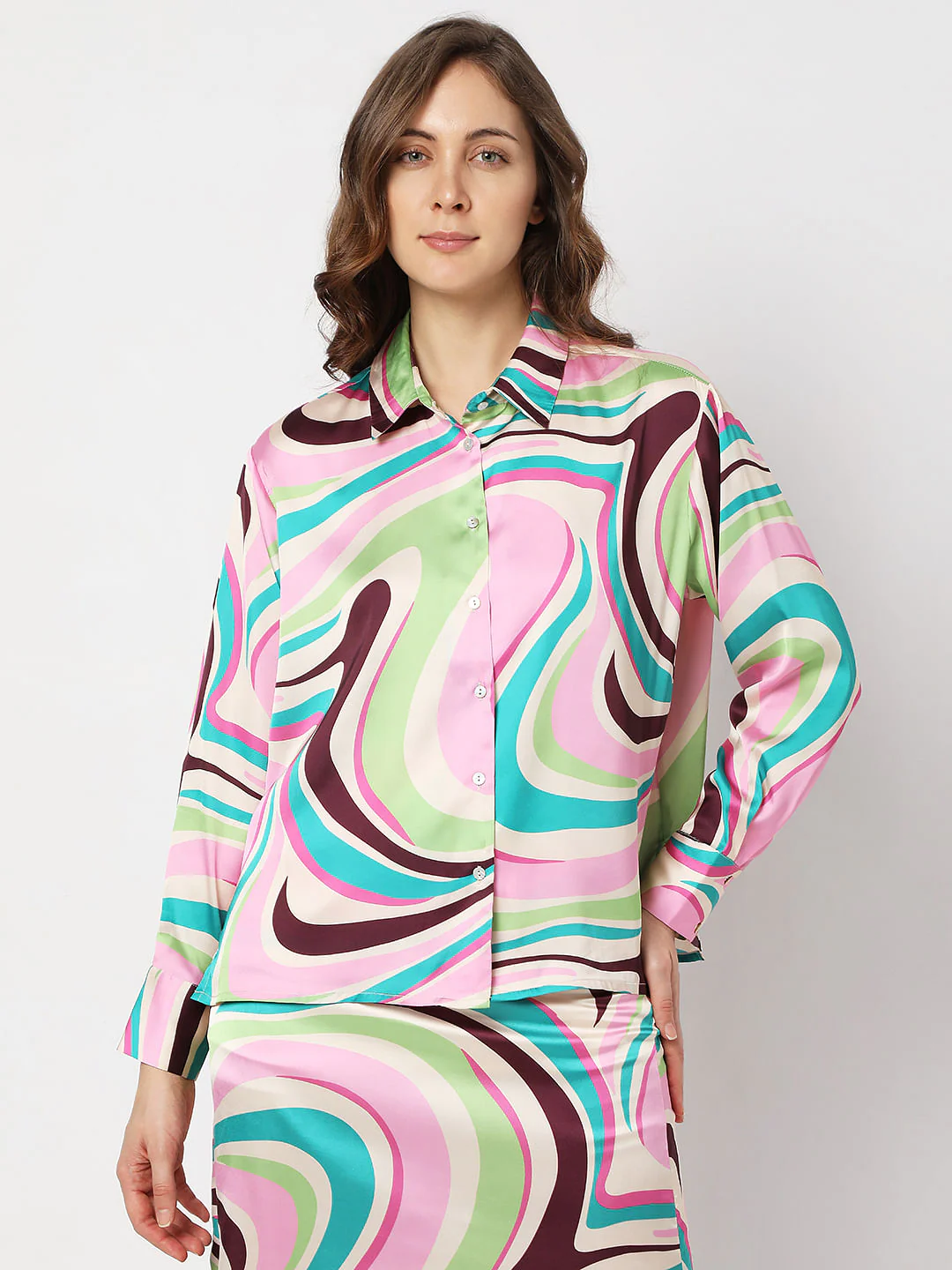 Beige Swirl Print Co-Ord Satin Shirt - Image 2
