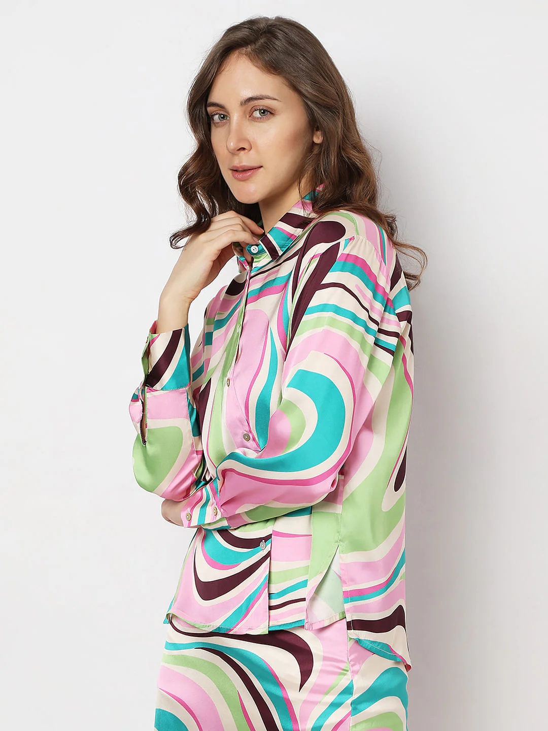 Beige Swirl Print Co-Ord Satin Shirt - Image 3