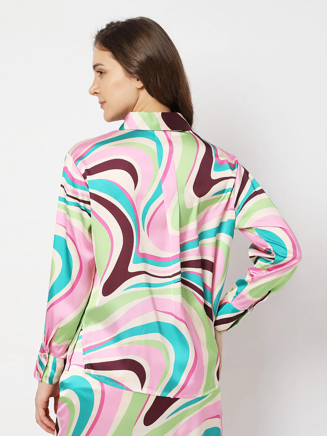 Beige Swirl Print Co-Ord Satin Shirt - Image 4