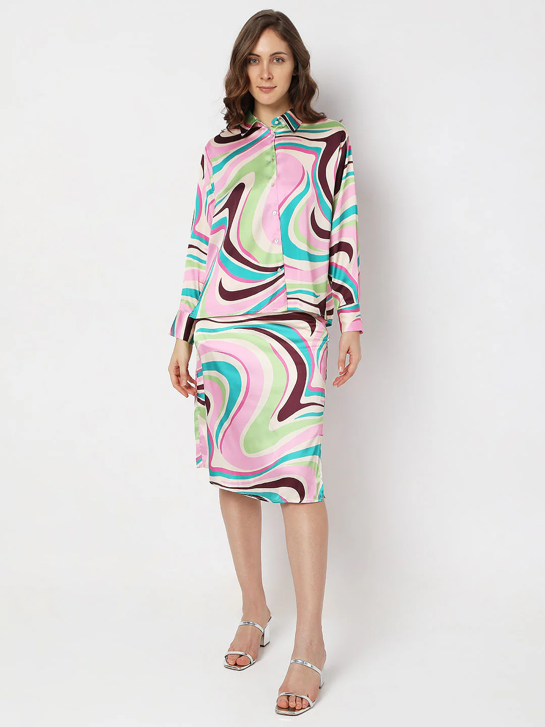Beige Swirl Print Co-Ord Satin Shirt - Image 5