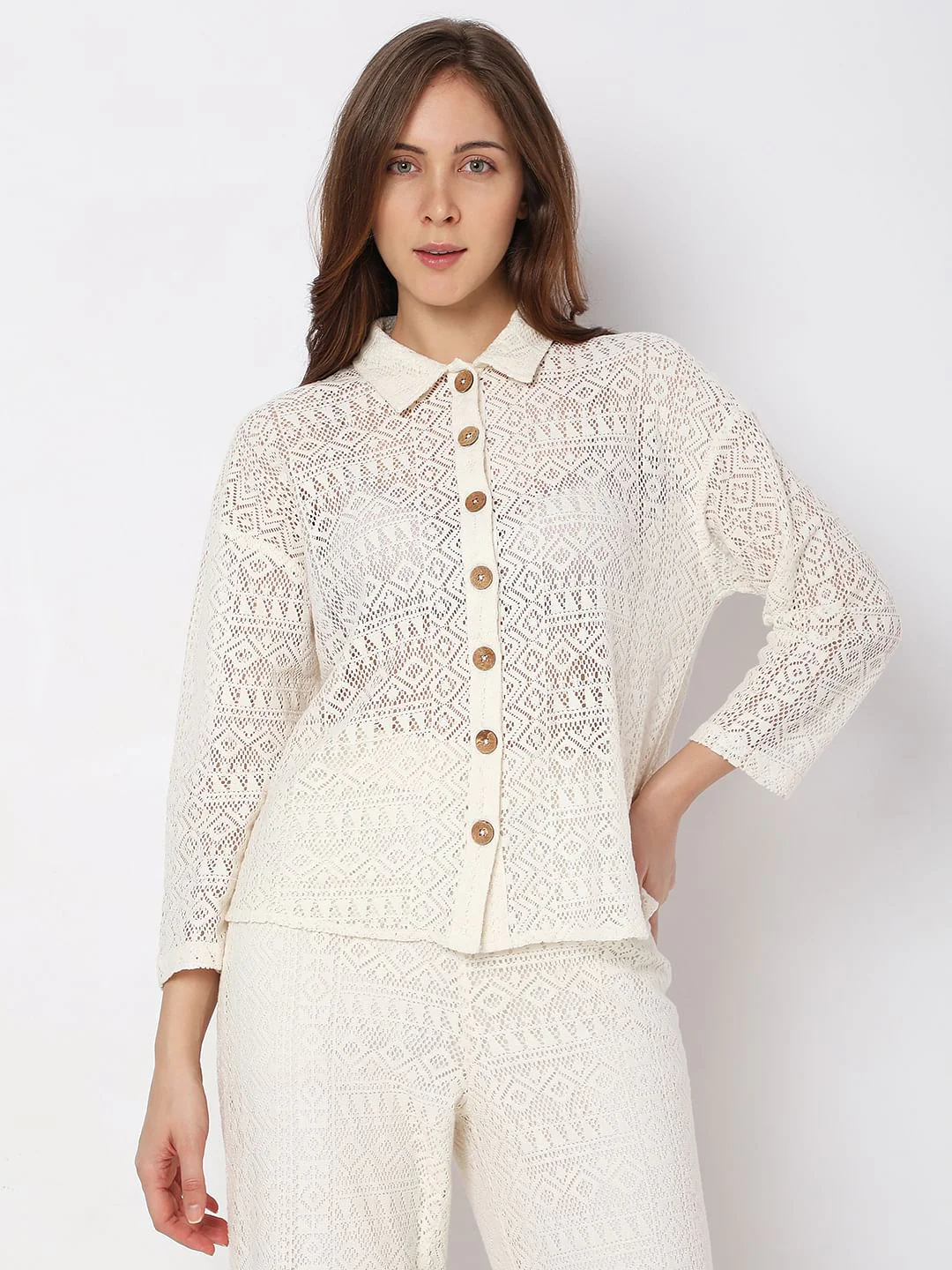 White Crochet Lace Co-Ord Set Shirt - Image 2
