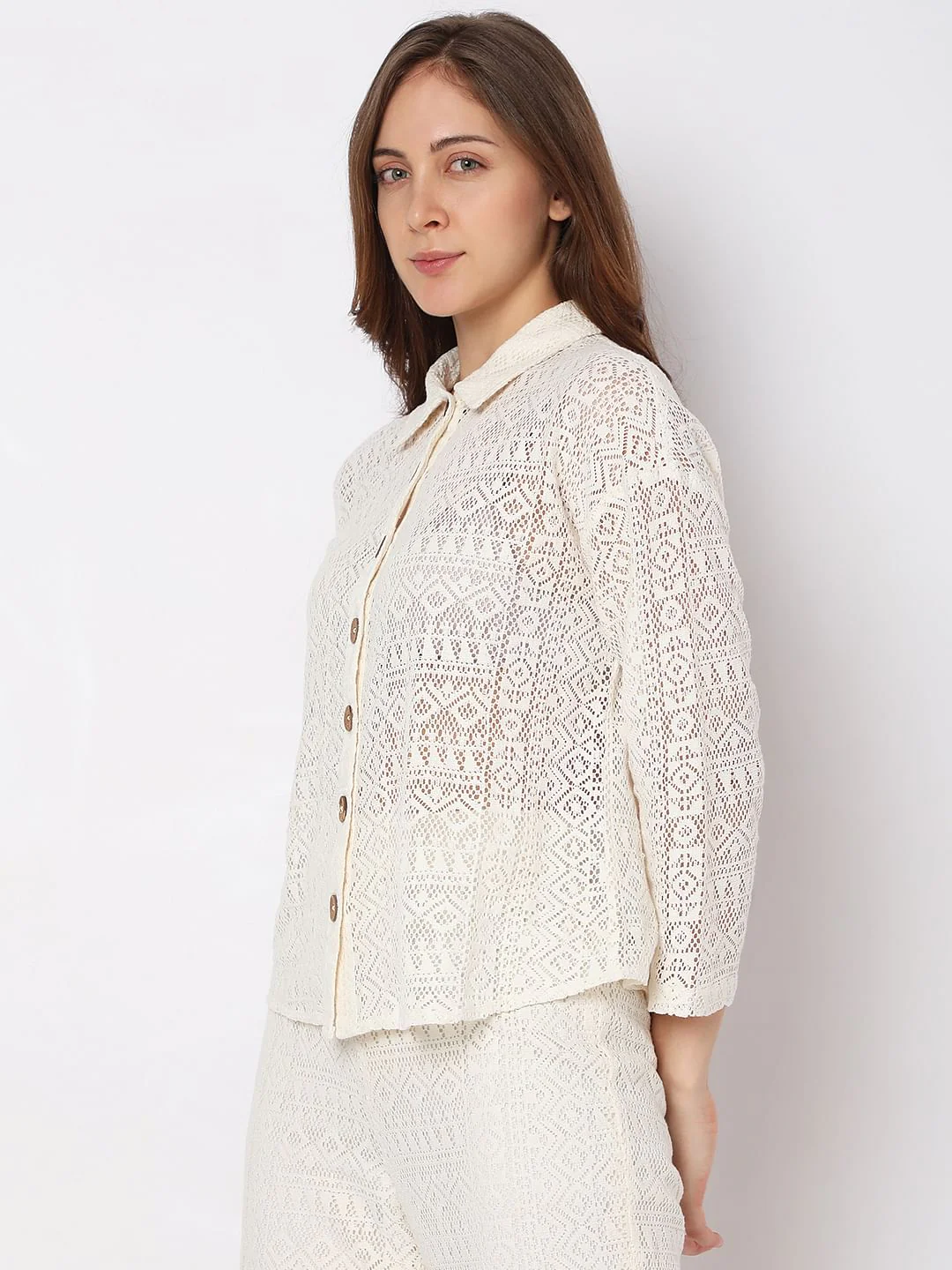 White Crochet Lace Co-Ord Set Shirt - Image 3