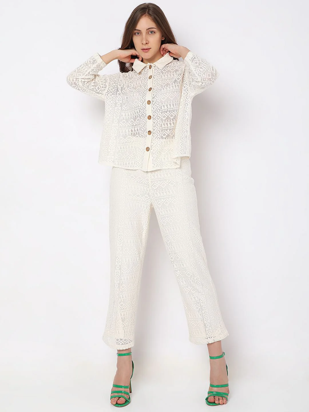 White Crochet Lace Co-Ord Set Shirt - Image 5