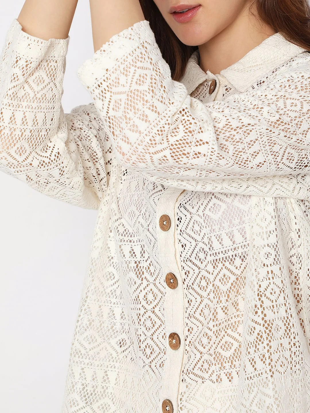 White Crochet Lace Co-Ord Set Shirt - Image 6