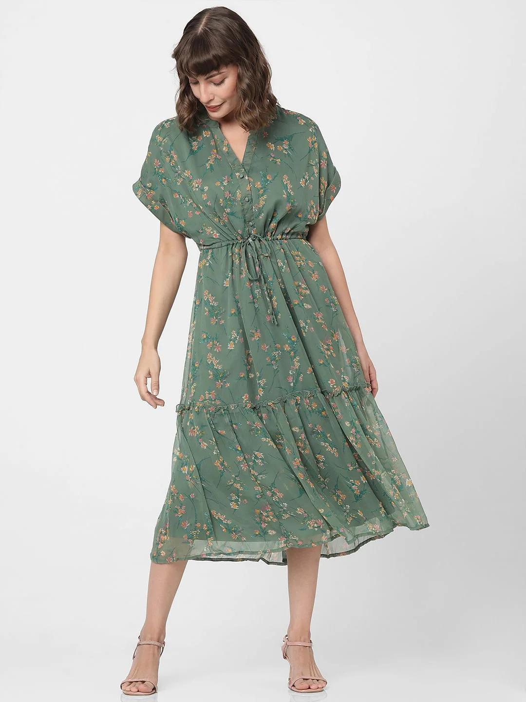 Dull Green Floral Print Midi Dress - Image 2