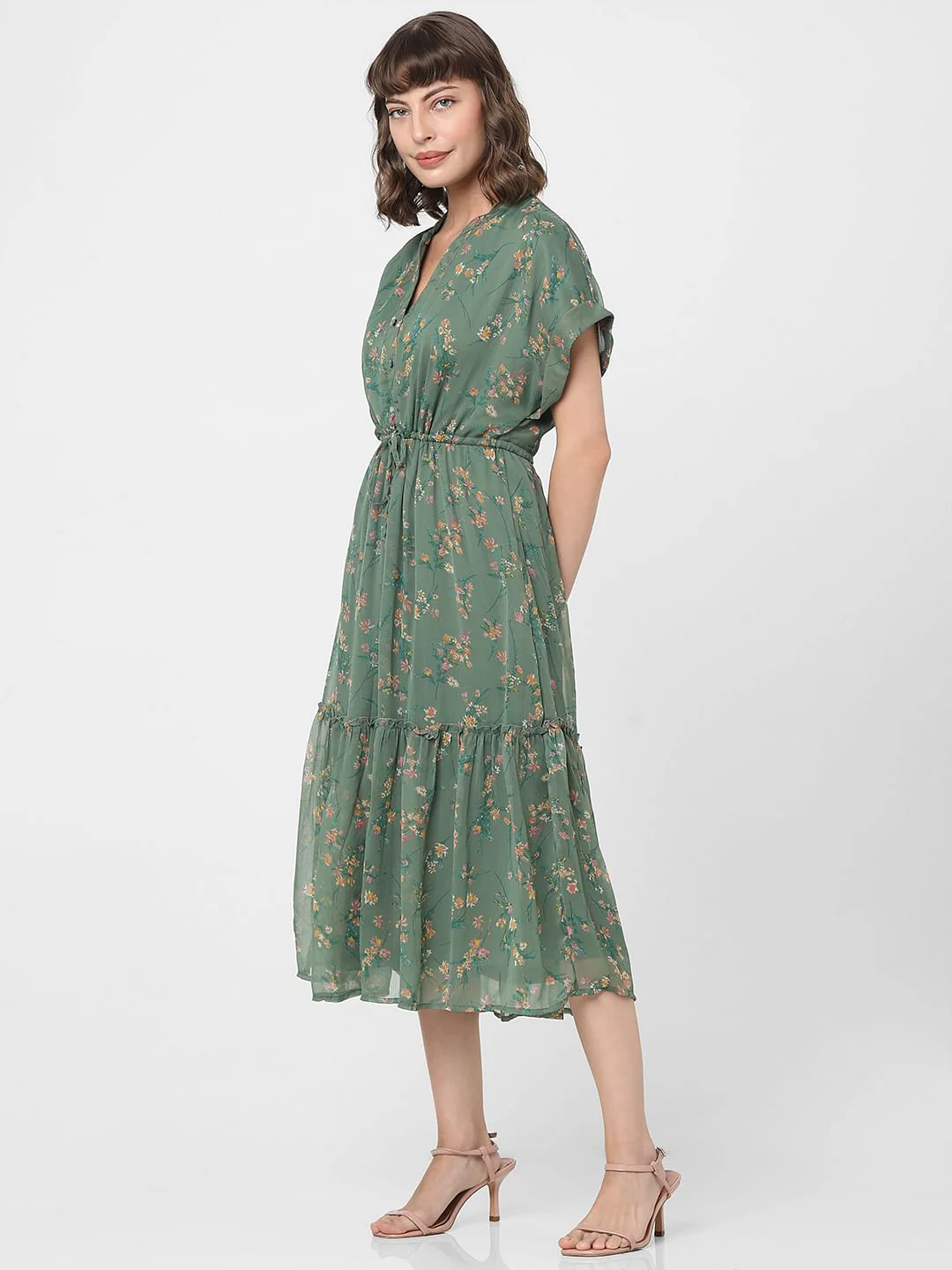 Dull Green Floral Print Midi Dress - Image 3