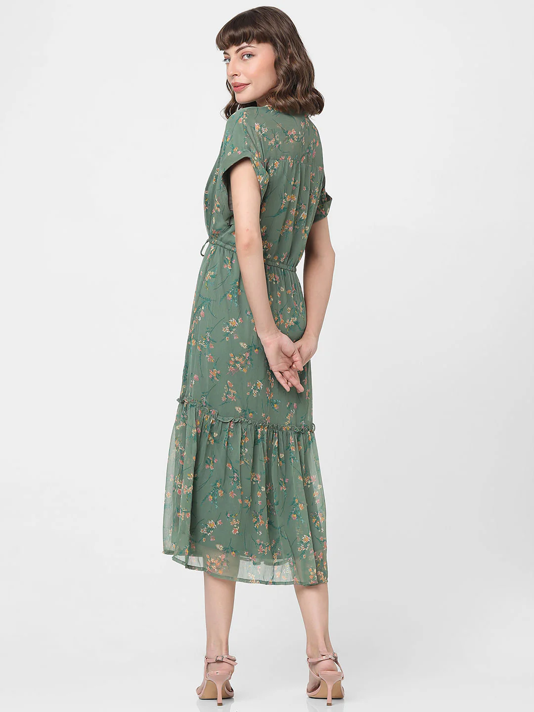 Dull Green Floral Print Midi Dress - Image 4