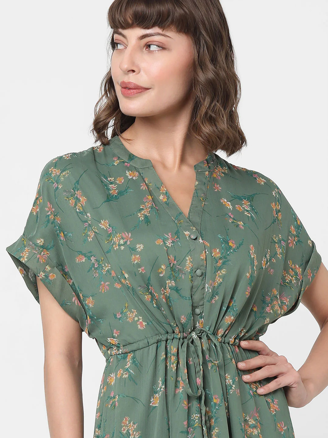 Dull Green Floral Print Midi Dress - Image 5