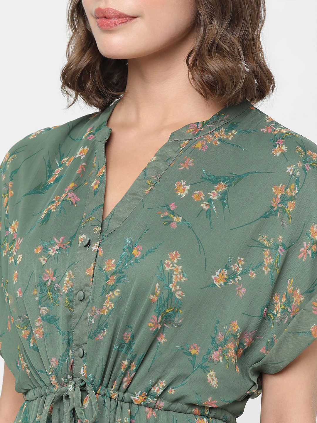 Dull Green Floral Print Midi Dress - Image 7