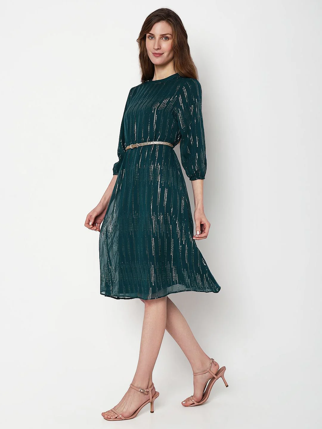 Teal Shimmer Fit & Flare Dress - Image 3