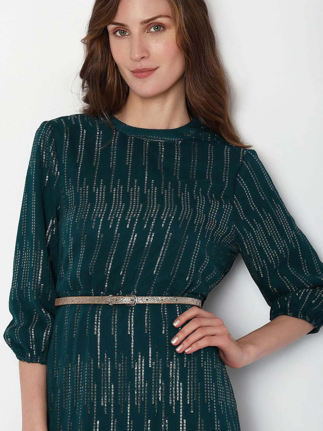Teal Shimmer Fit & Flare Dress - Image 5