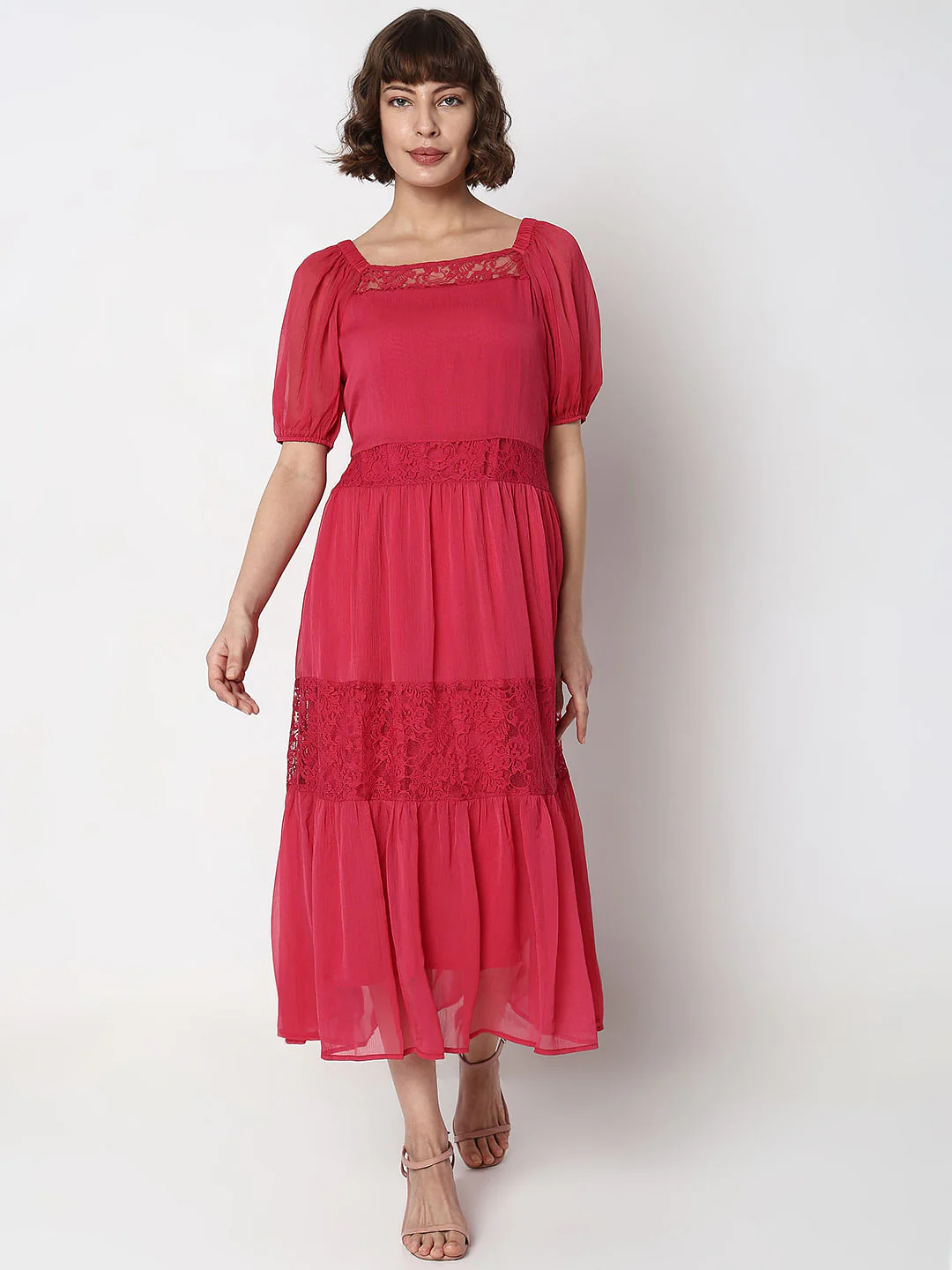 Pink Lace Insert Tiered Maxi Dress - Image 2