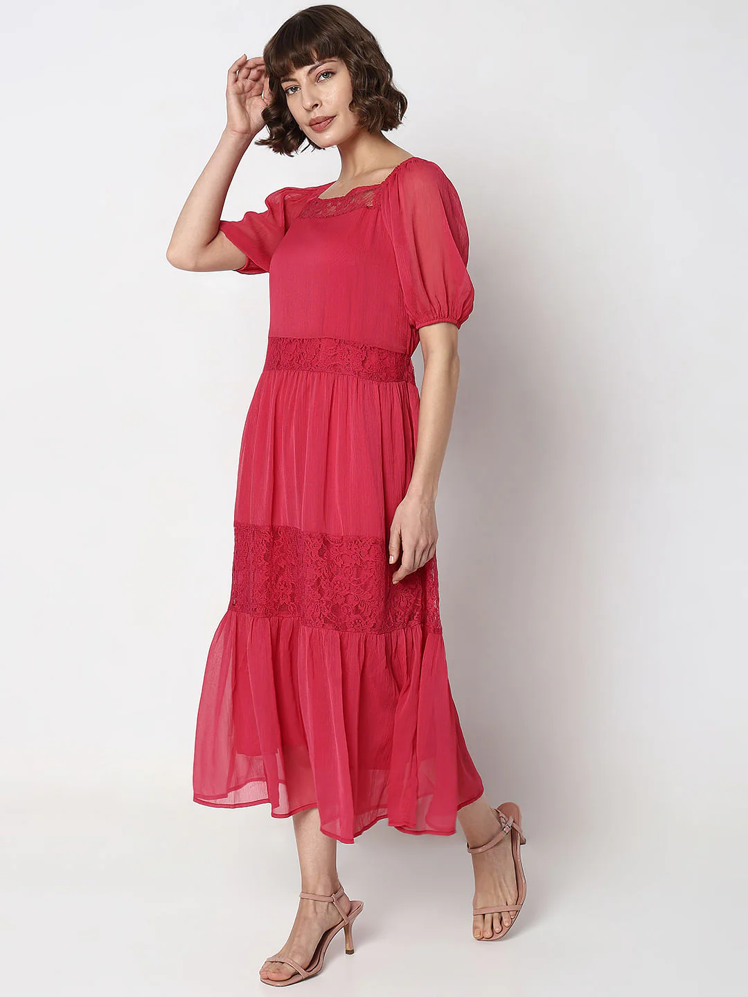 Pink Lace Insert Tiered Maxi Dress - Image 3