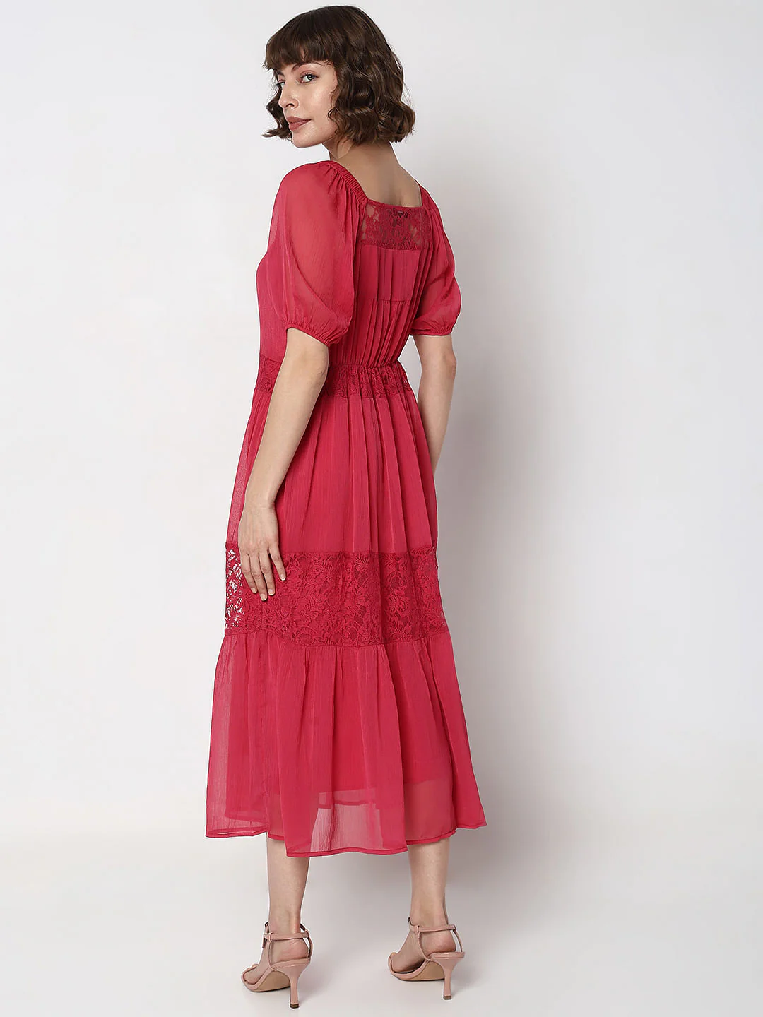 Pink Lace Insert Tiered Maxi Dress - Image 4