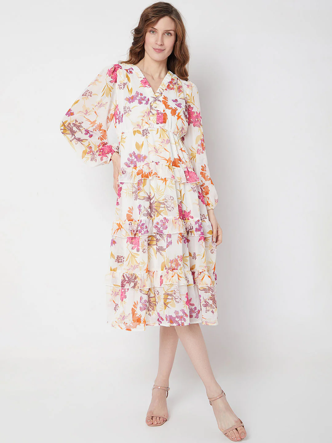 White & Pink Floral Midi Dress - Image 2