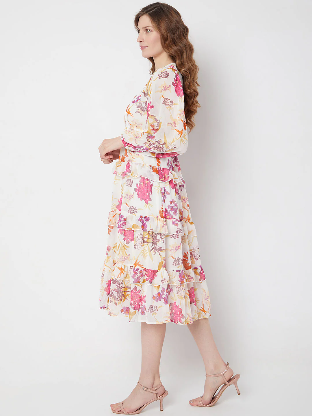 White & Pink Floral Midi Dress - Image 3