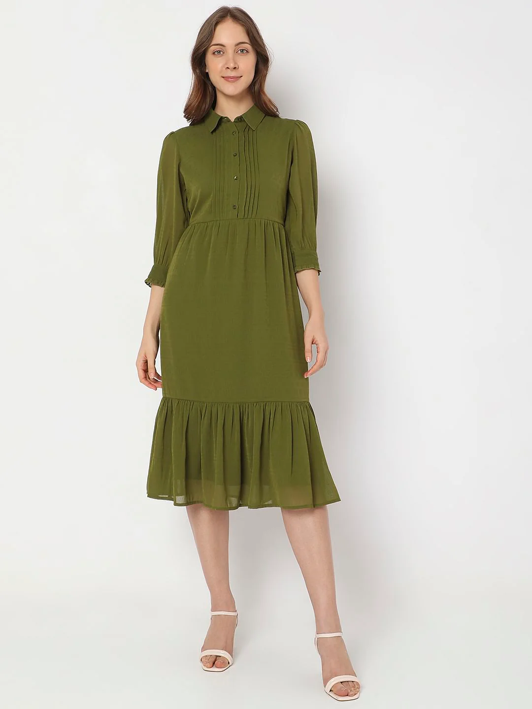 Olive Green Midi Shirt Dress - Image 2