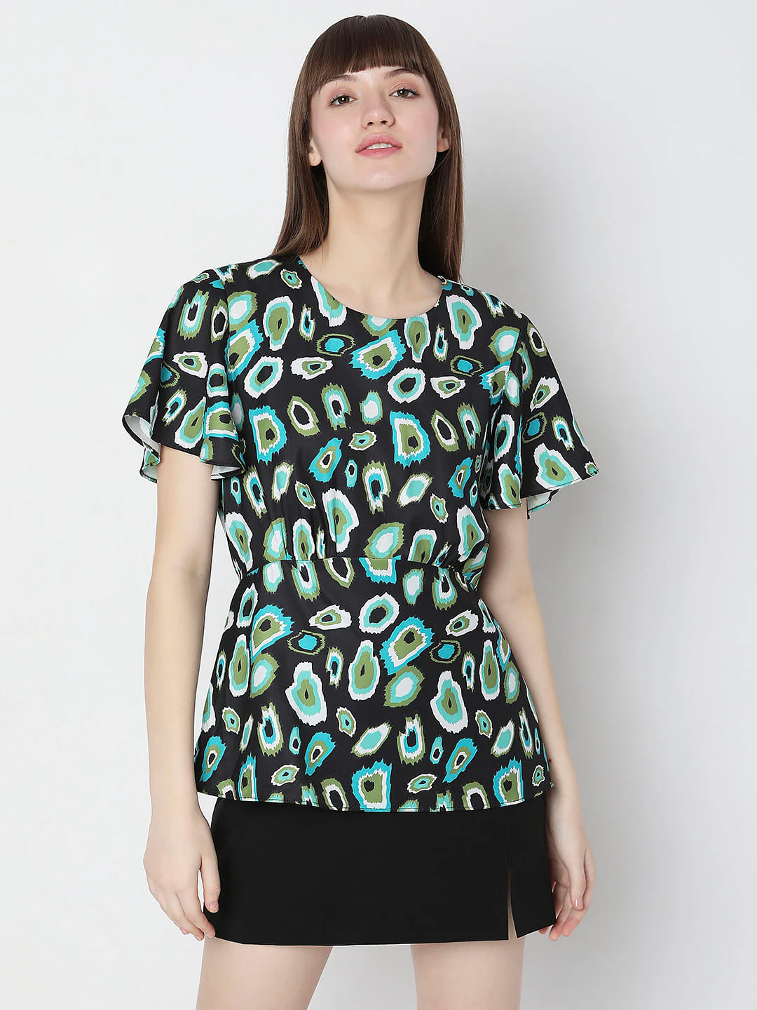 Black Abstract Print Peplum Top - Image 2