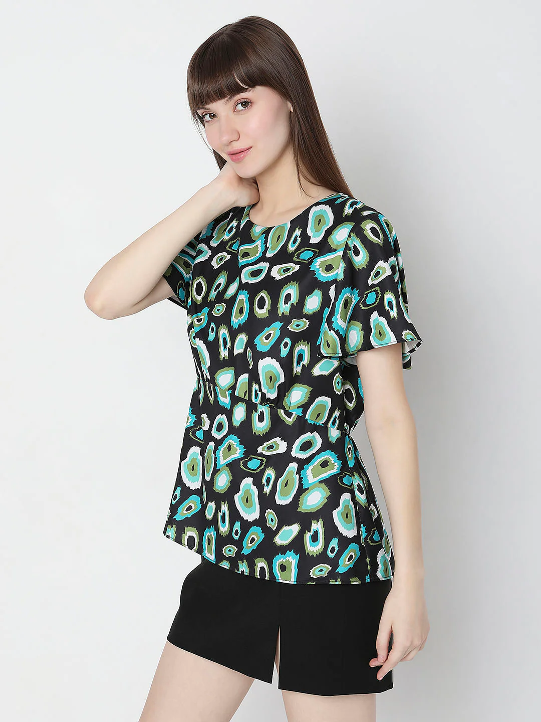 Black Abstract Print Peplum Top - Image 3