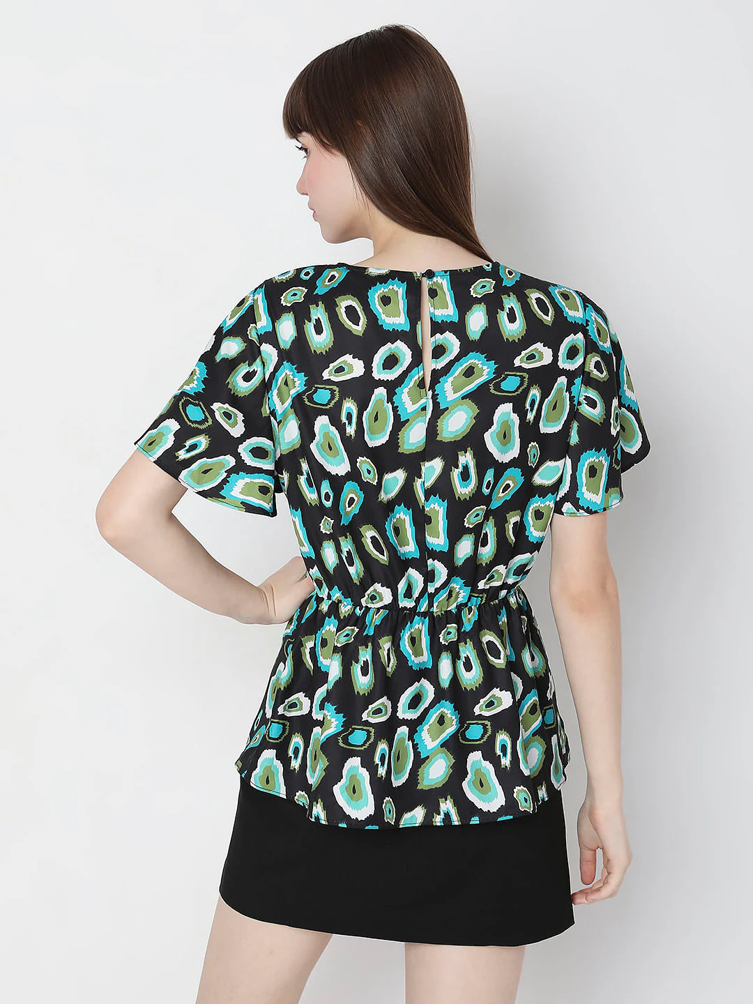 Black Abstract Print Peplum Top - Image 4