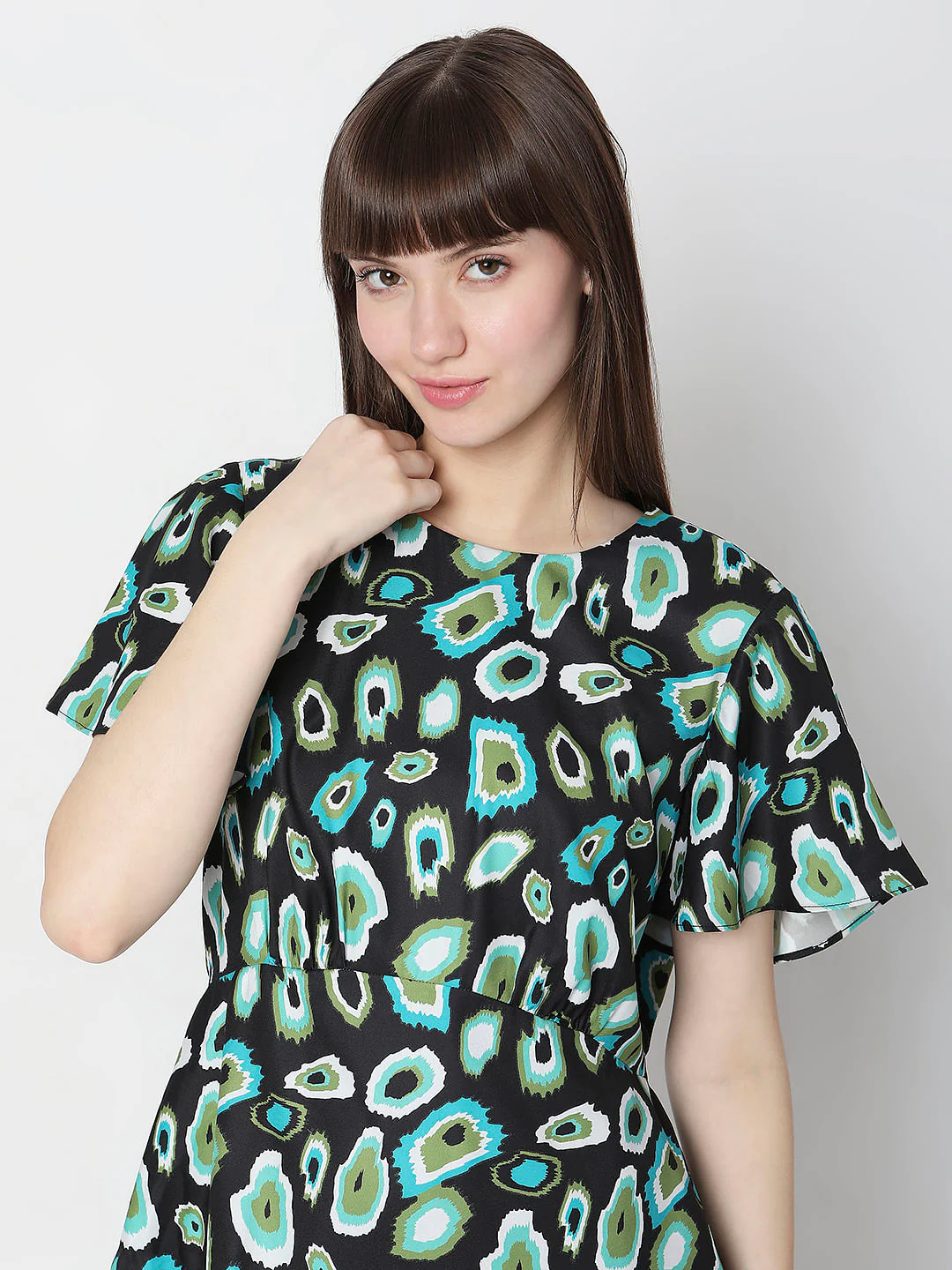 Black Abstract Print Peplum Top - Image 5