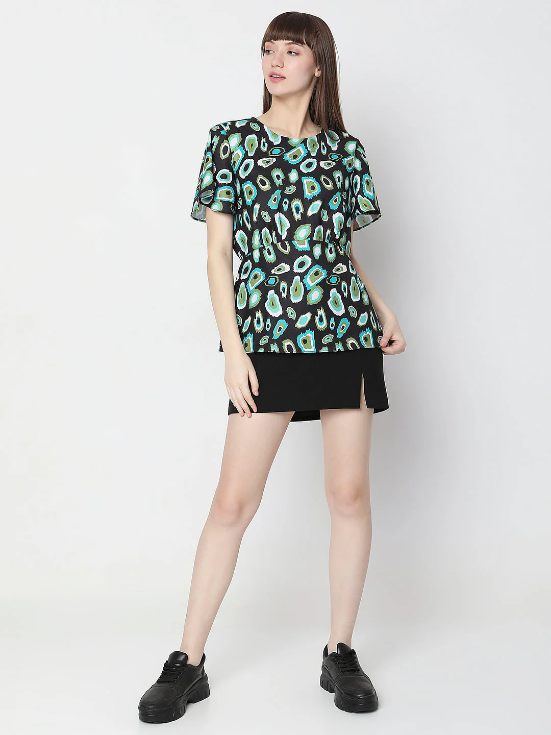 Black Abstract Print Peplum Top - Image 6