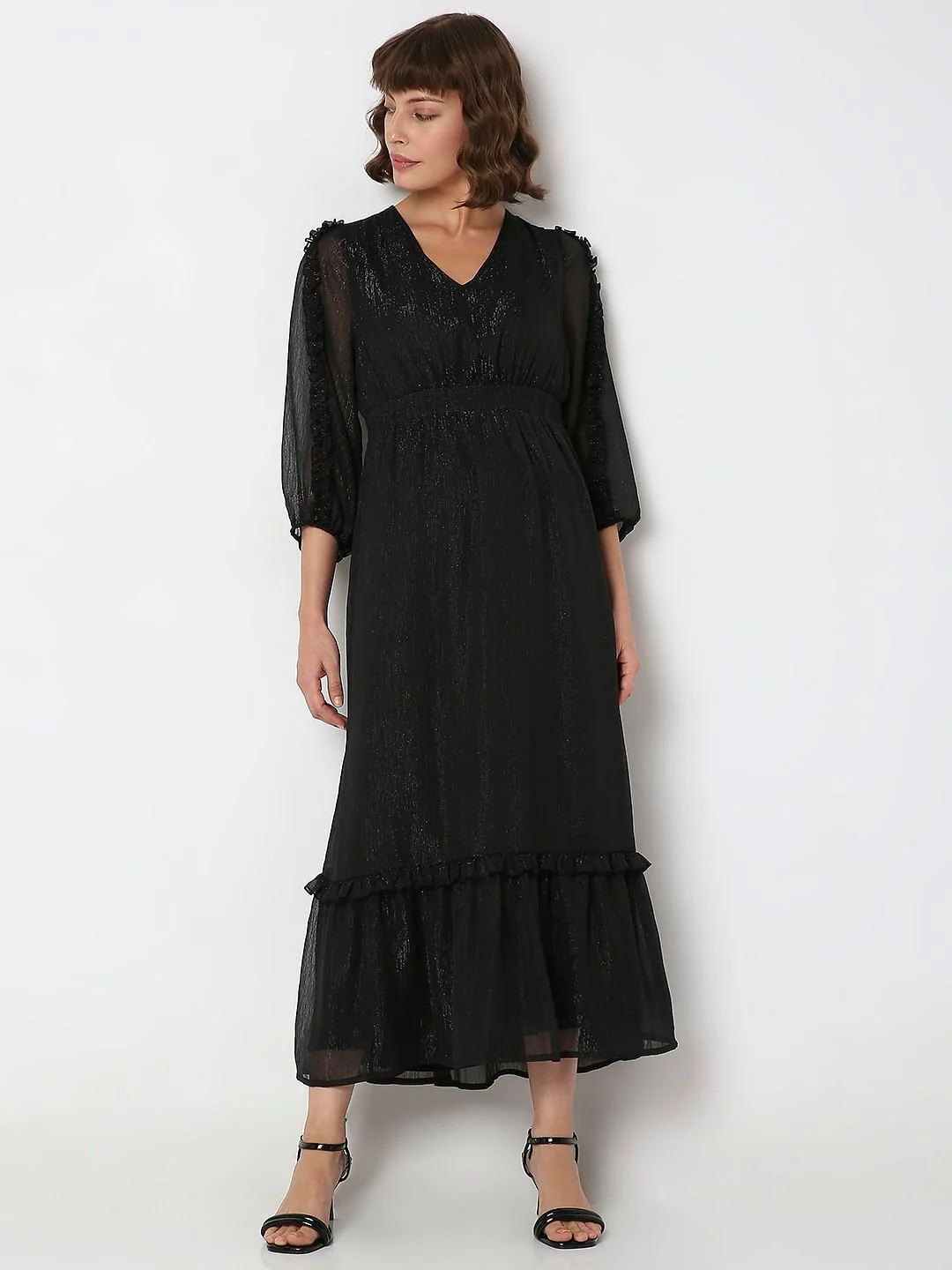 Black Lurex Tiered Maxi Dress - Image 2