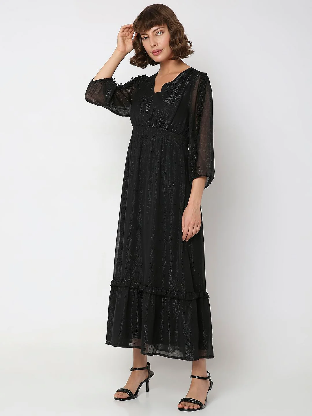 Black Lurex Tiered Maxi Dress - Image 3