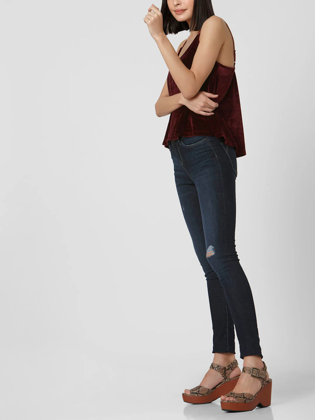 Dark Blue Mid Rise Ripped Skinny Jeans - Image 2
