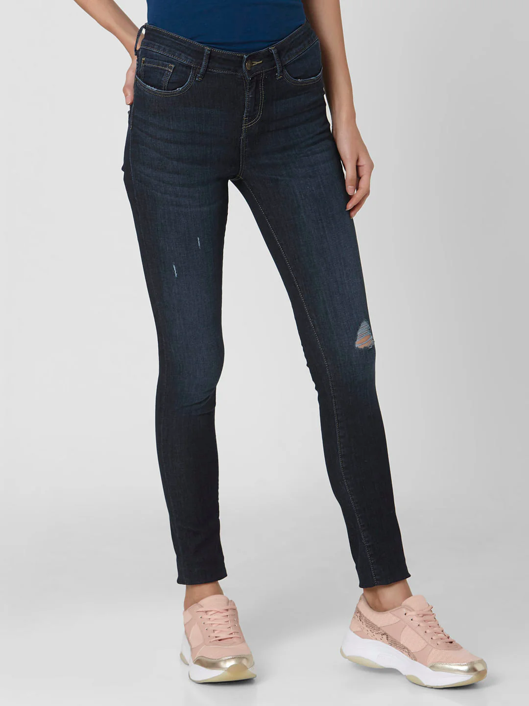 Dark Blue Mid Rise Ripped Skinny Jeans - Image 3