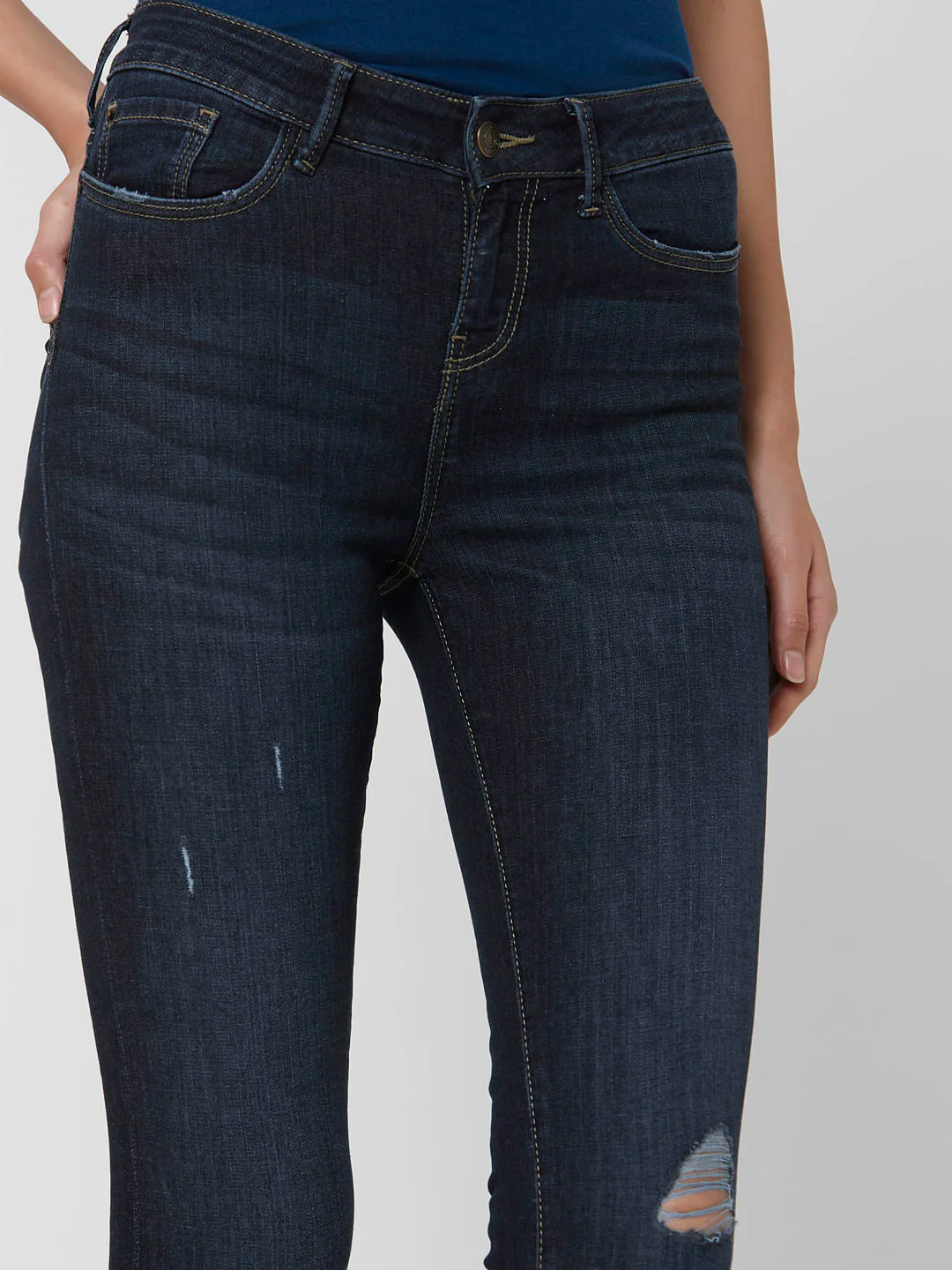 Dark Blue Mid Rise Ripped Skinny Jeans - Image 5
