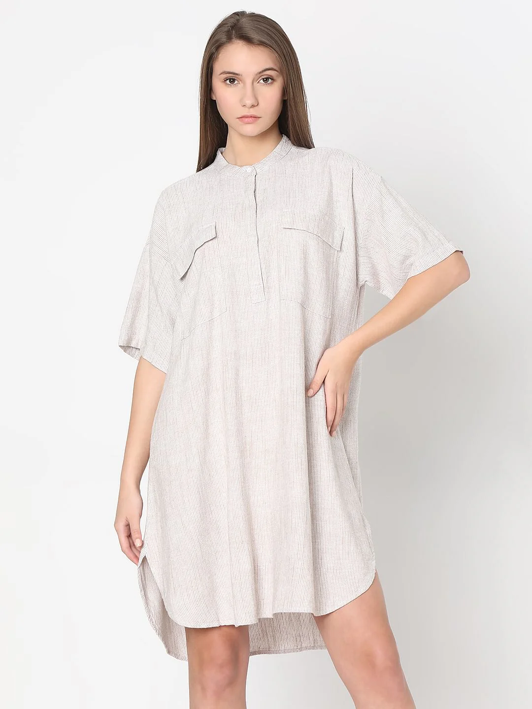 Light Brown Striped Tunic Dress - Image 2