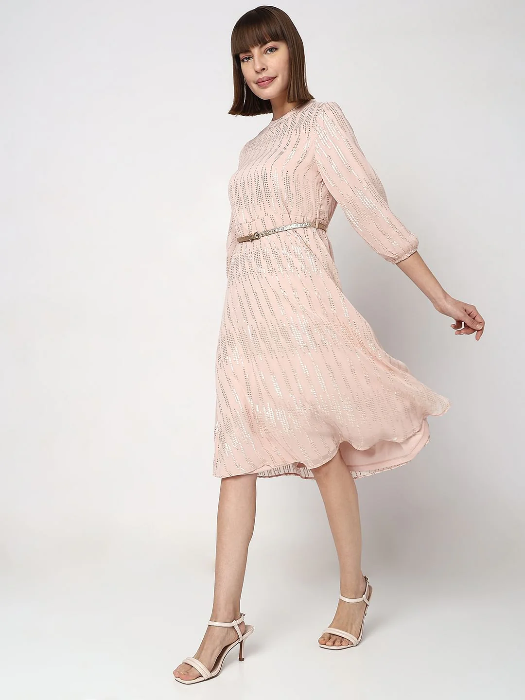 Beige Sequin Detail Midi Dress - Image 3